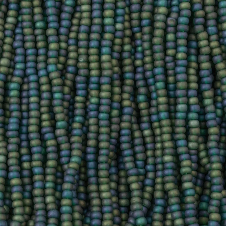 79-FTR-1122S Czech Seed Beads, sz 11 Transparent Matt Dark Green AB (strung)