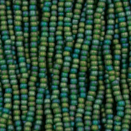 79-FTR-1123S Czech Seed Beads, sz 11 Transparent Matt Medium Green AB (strung)